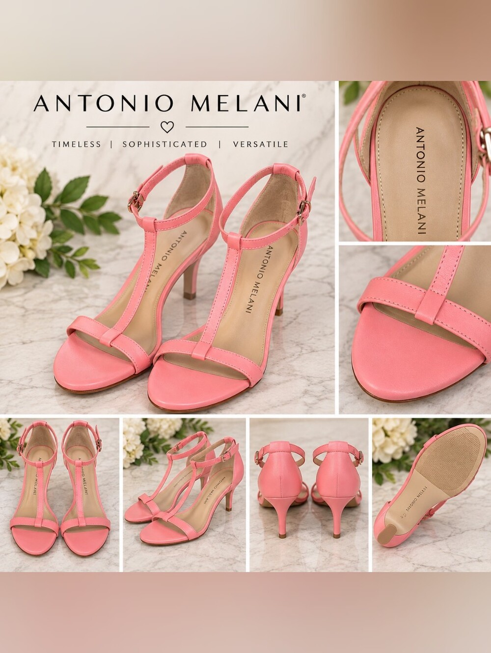 ANTONIO MELANI Coral Pink T-Strap Heeled Sandals